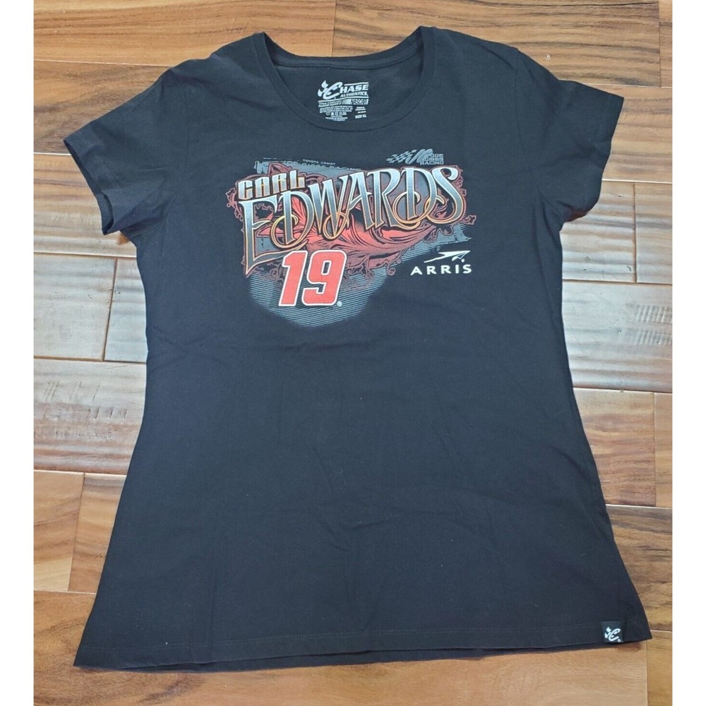 Arris Carl Edwards. Short Sleeve TShirt Womens XL fitted NASCAR #19 Black Racing